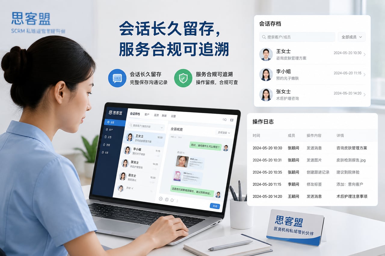 医美机构搭私域选企微SCRM:从原生能力缺口到首选方案参考 · 会话长久留存,服务合规可追溯