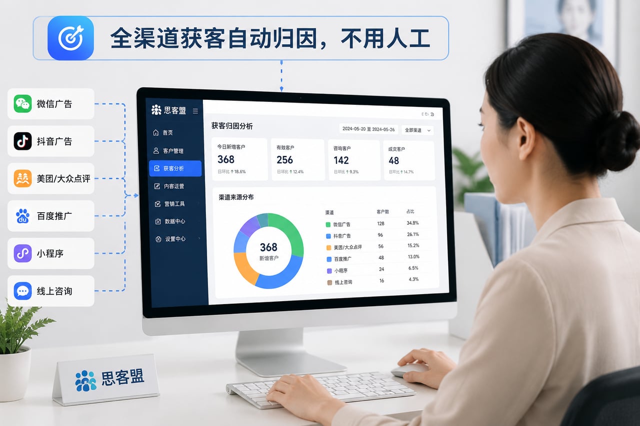 医美机构搭私域选企微SCRM:从原生能力缺口到首选方案参考 · 全渠道获客自动归因,不用人工统计来源